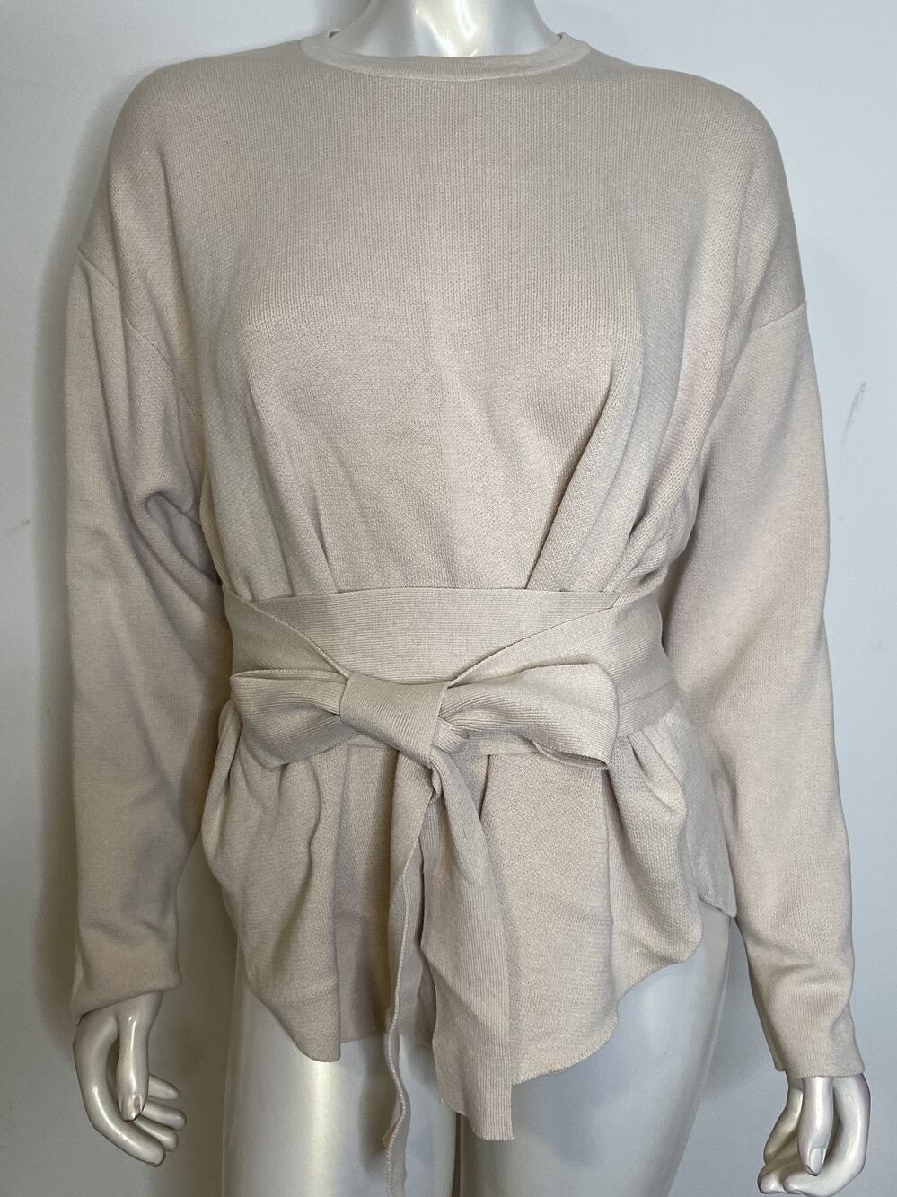Modern Citizen Nara Oatmeal Beige Pullover Sweater L Tie Waist LS Minimalist Top